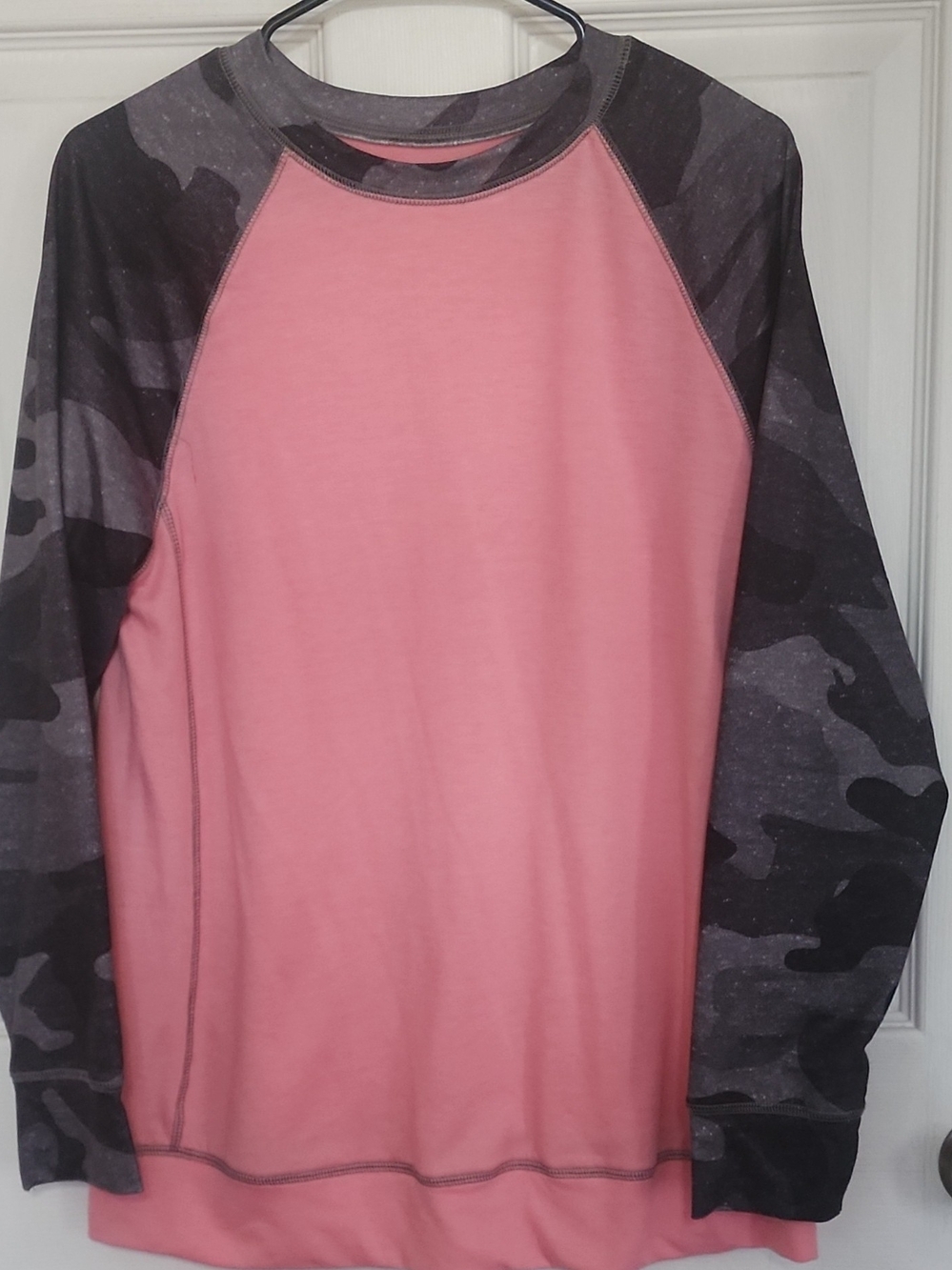 Crew Neck Women's Sweater in Pink with Charcoal Camo Sleeves